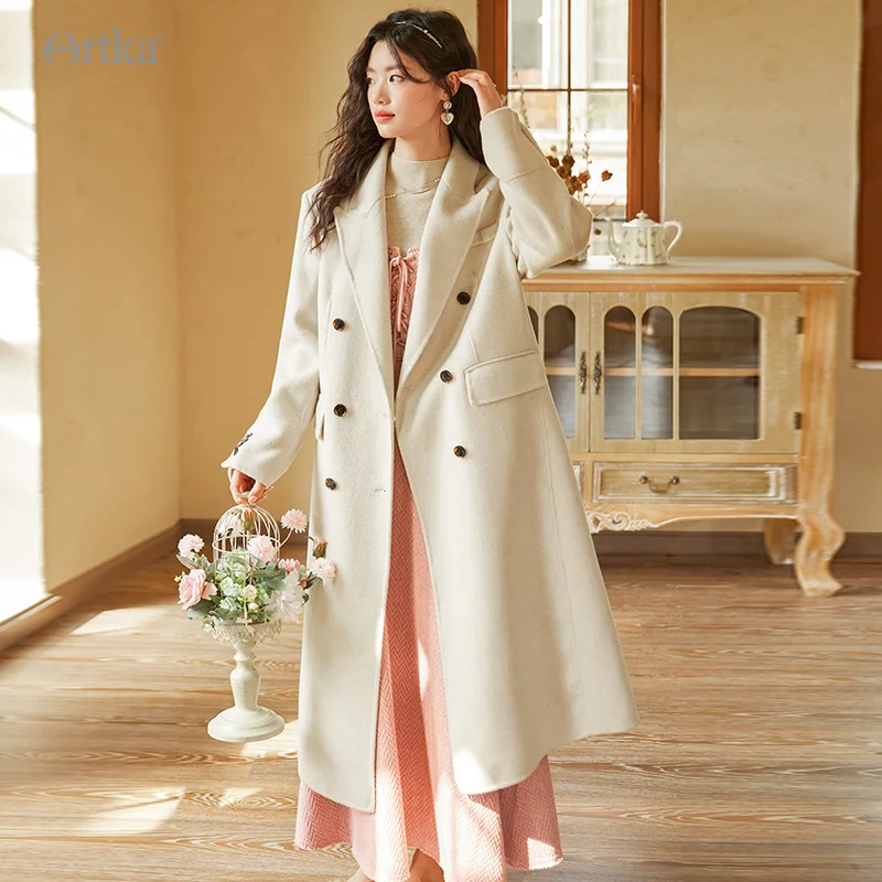 ARTKA 2023 Winter New Women Woolen Coat Vintage 85% Wool Double-sided Woolen Coat Loose Warm Straight Long Outerwear FA92238D