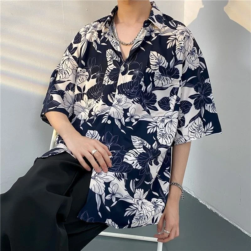 Summer Printing Short Sleeve Shirt Men Fashion Society Mens Dress Shirt Korean Loose Ice Silk Shirts Mens Hawaiian Shirt