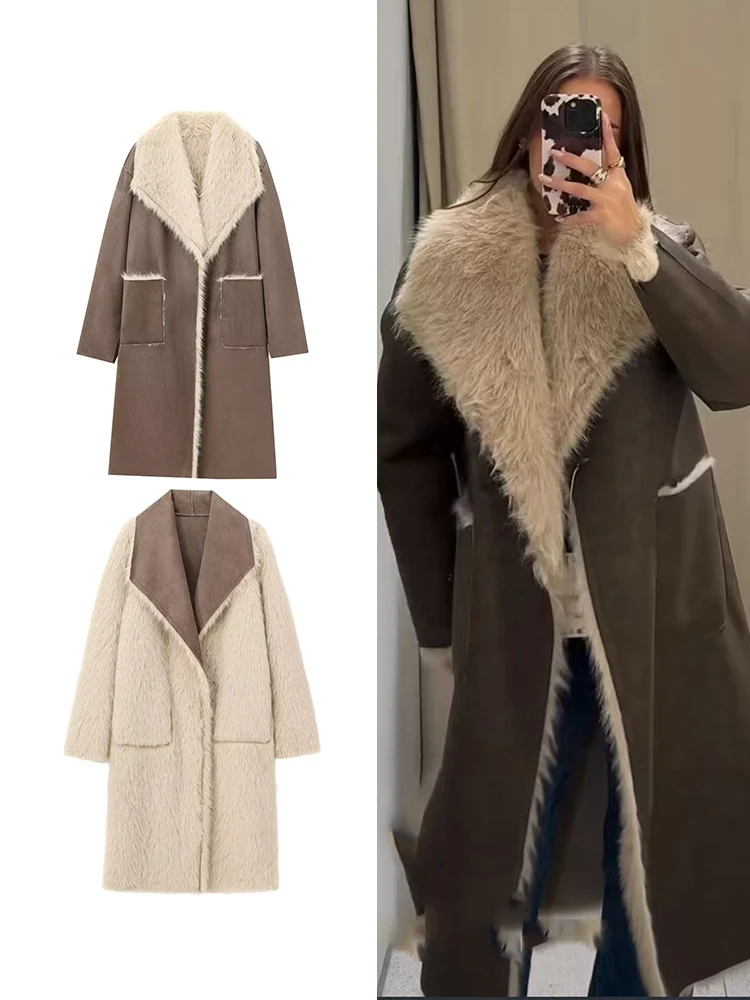 

Women Fashion Lapel Collar Long Coat Elegant Faux Full Sleeve Reversible Overcoat Warm High Street Double Sided Faux Fur Jacket