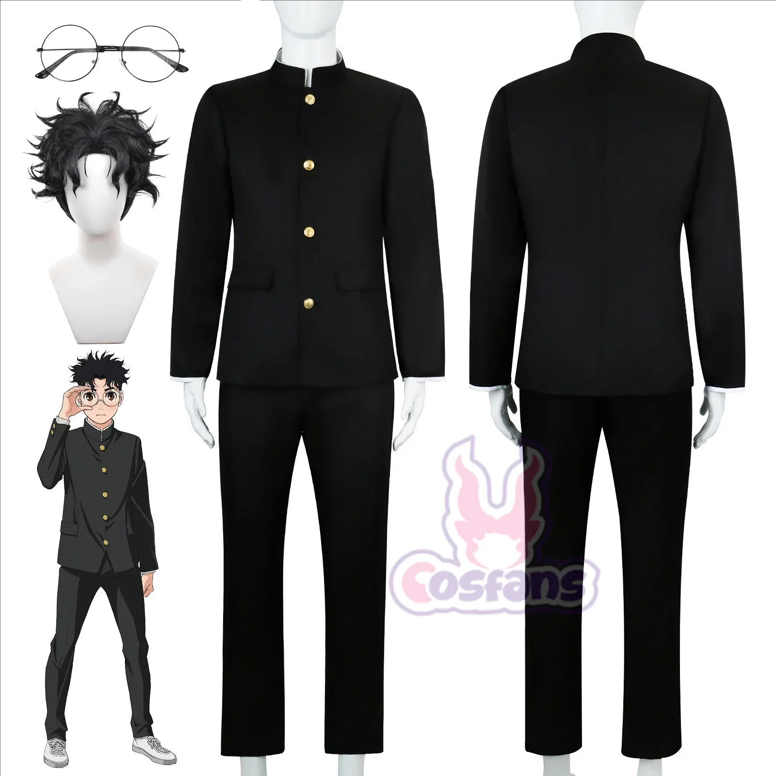 Ken Takakura Cosplay Costume Wig Anime Dandadan Okarun School Uniform Black Jacket Pants Gakuran Glasses Halloween Party Men