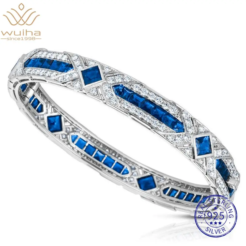 WUIHA Vintage 925 Sterling Silver High Carbon Diamond Princess Cut Lab Sapphire Gemstones Bracelet Bangle Fine Jewelry Wholesale