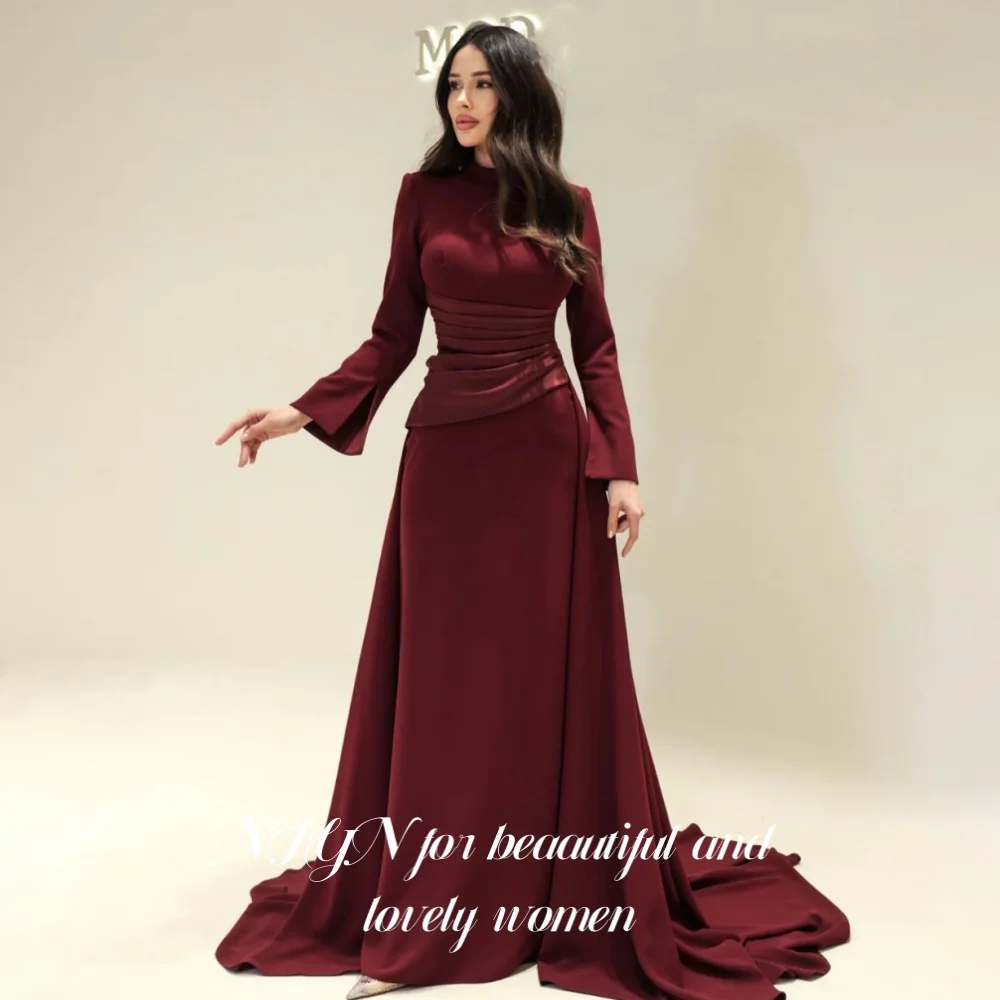 

NFYN Burgundy Evening Dress Regular Sleeve Stain Prom Dresses Long A-Line Pleats Prom Gowns for Party Evening Gown Customized