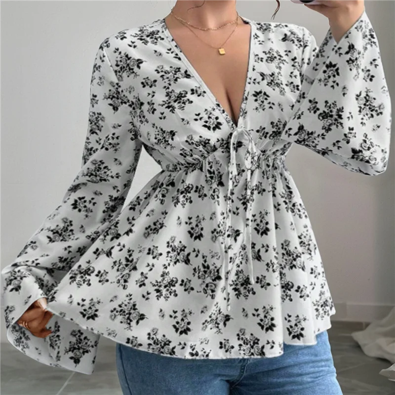 NEW-Women's Floral Print Blouse Long Sleeve Babydoll Shirt Deep V Neck Peplum Top