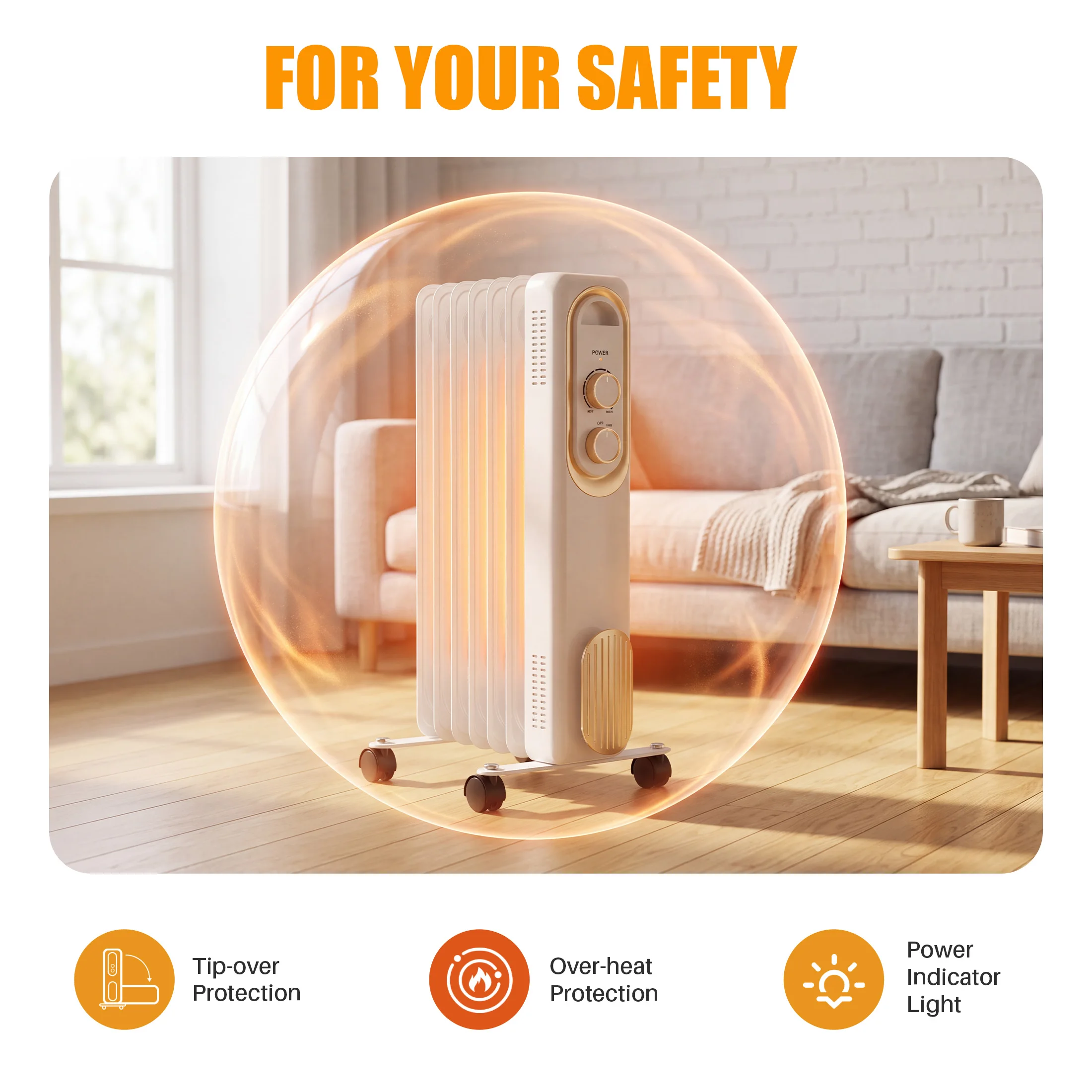JHK 1500W Oil Filled Radiator Space Heater Indoor Electric Heater Portable Warm Radiator for Home Office Bedroom White