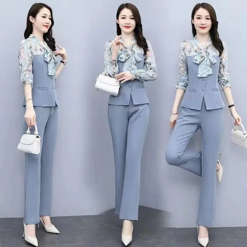 Vintage Printed Bow Tie Chiffon Shirt Blouse Casual Pencil Pants Elegant Women's Pants Set Office Outfits Temperament Clothing