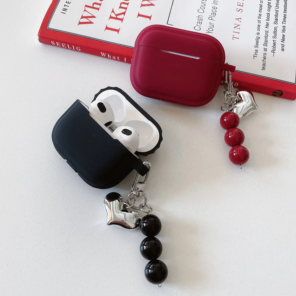 Cute Black Wine Red Square Silicone Earphone Case For AirPods 4 3 2 1 Pro 2 Soft Protection Cover Simple Love Heart Bead Pendant