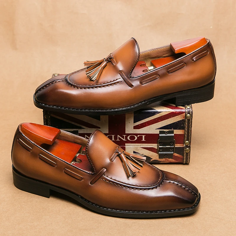 

Men Classic Retro Tassel Shoes Square Head PU One Step Stepping Business Office Fashion Dress Shoes Size 38-46 Men Shoes