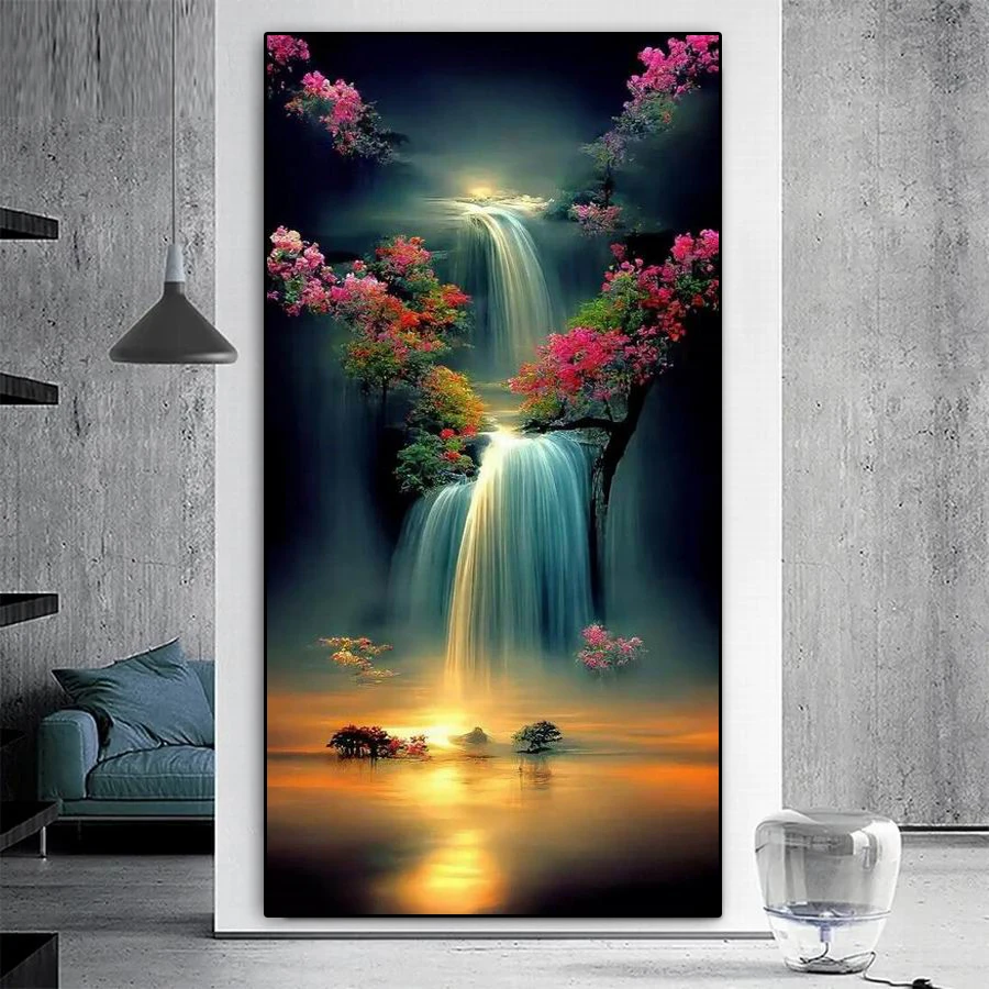 Big Size Diamond Painting New 2024 Natural Scenery Waterfall Flower Diy Full Mosaic Embroidery Landscape Picture Wall Decor