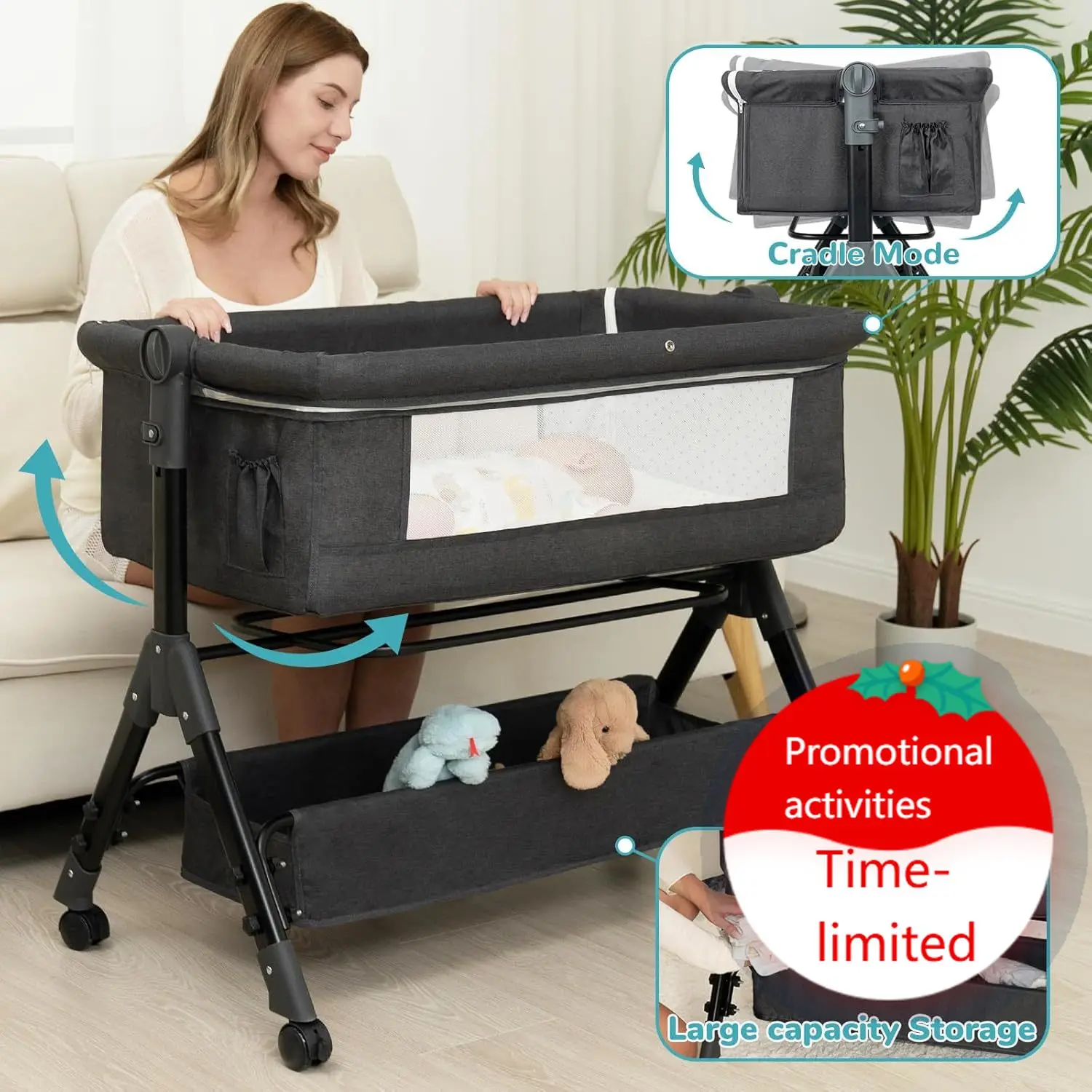 

Baby Bassinet, Bedside Bassinet for Baby, 3 in 1 Bassinet Bedside Sleeper with Wheels, Mosquito Net, Adjustable Easy Folding Por