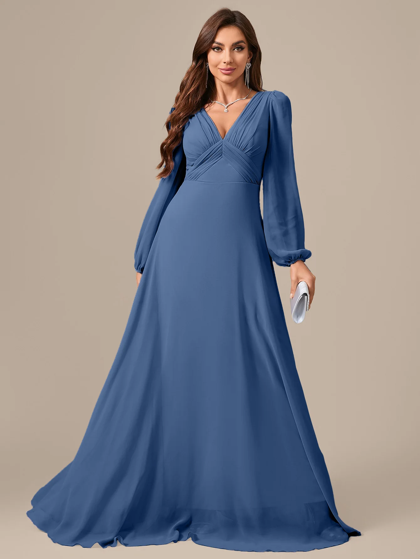 Sukienka wizytowa UNITHORSE z dekoltem w serek, długim rękawem, marszczeniem z przodu, z liliowego szyfonu, sukienka dla druhny, sukienka dla panny młodej