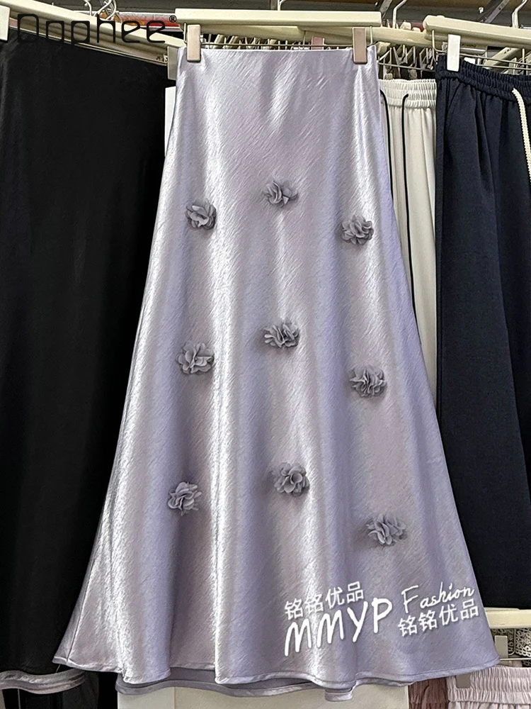 

Three-dimensional Flower High Waist Slim Mid-length Skirt Women Summer High-end Temperament Celebrity Acetic Acid Satin Skirts
