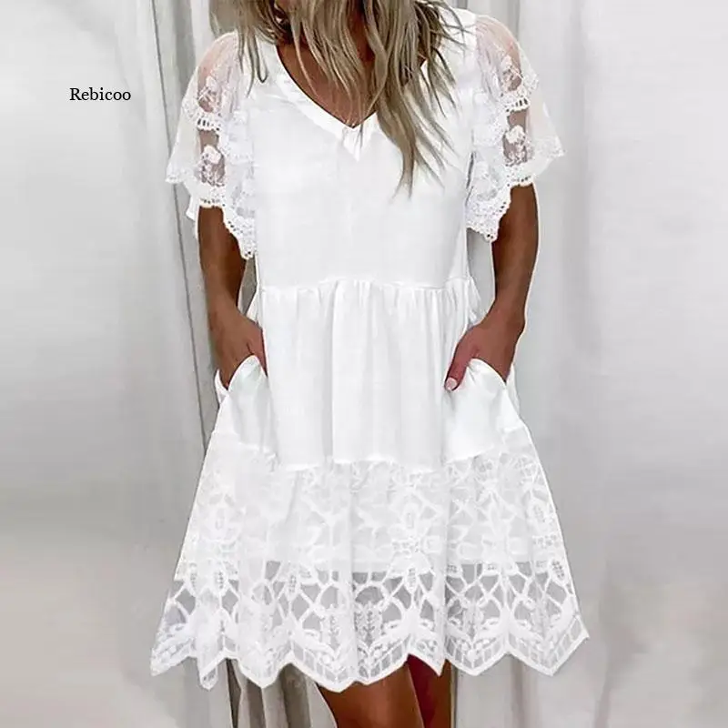 Women V-Neck Short Sleeve Ruffles Mini Dresses Elegant White Color Embroidery Lace Mesh Party Dress Lady Casual Summer Dress