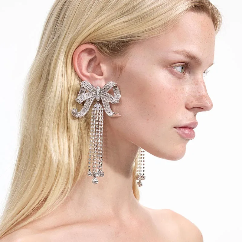 Exaggerate Bow and Tassel Rhinestone Earrings for Women Delicate Crystal Drop Jewelry for Women Sparkling Party and Wedding Gift