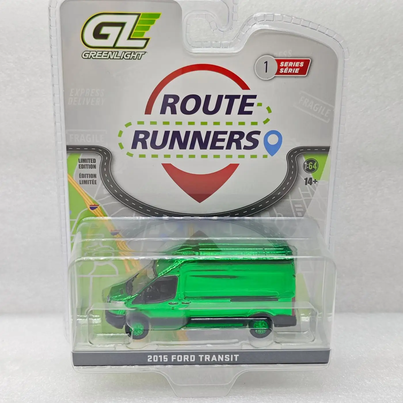 

Коллекционная модель автомобиля Green Light 1:64 Route Runner Series 1-2015 Ford Transit LWB High Top 53010-A, электролитически покрытая зеленым покрытием, из сплава металла