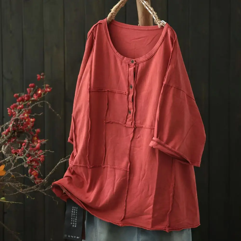 Summer Fashion Womens Cotton T Shirt Loose Vintage Patchwork Style Half Placket Casual Tops Mid Length Pullover