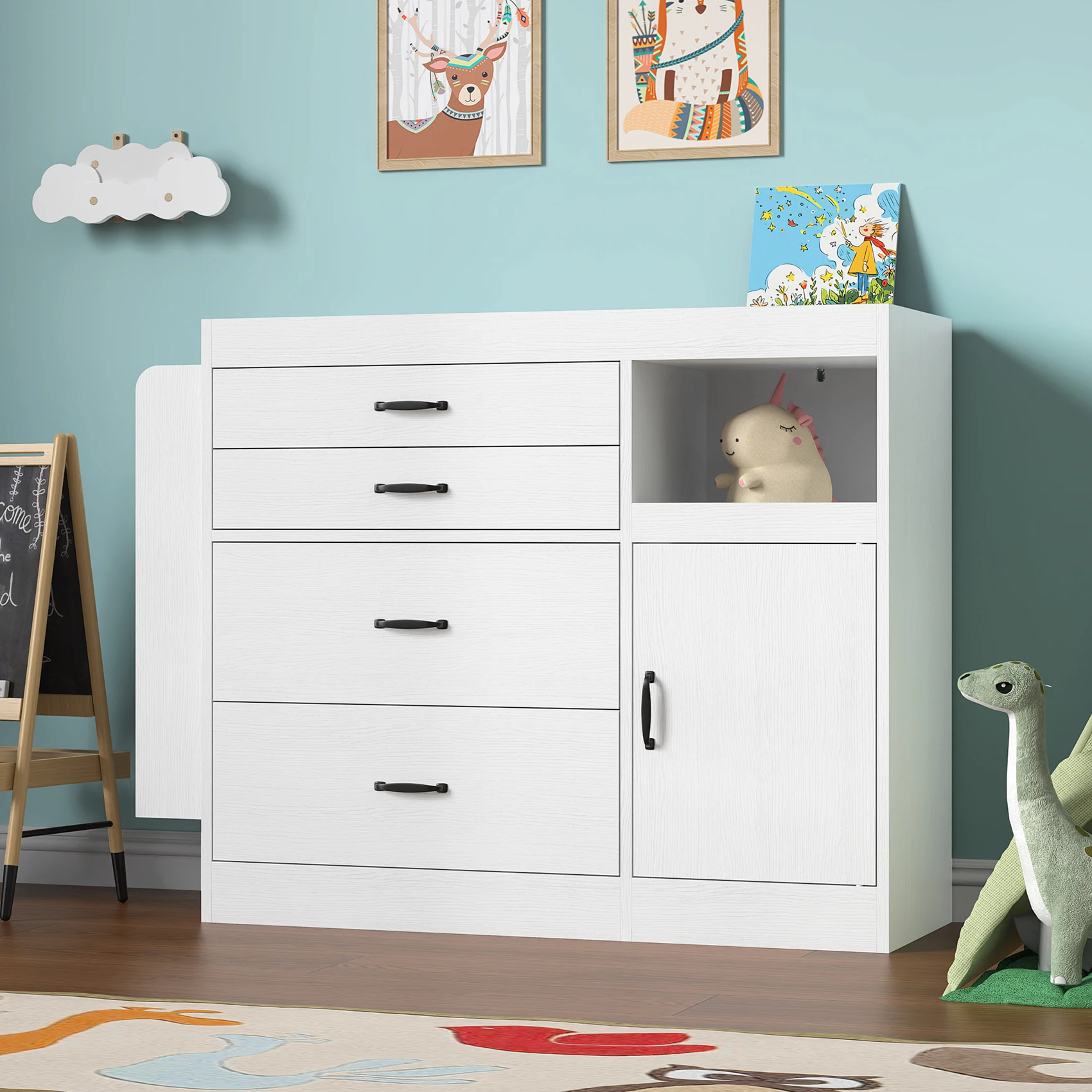 

Dresser with 4 Drawers & 1 Cabinet & 3 Open Shelves Storage, Modern Diaper Changing Station for Children's Room