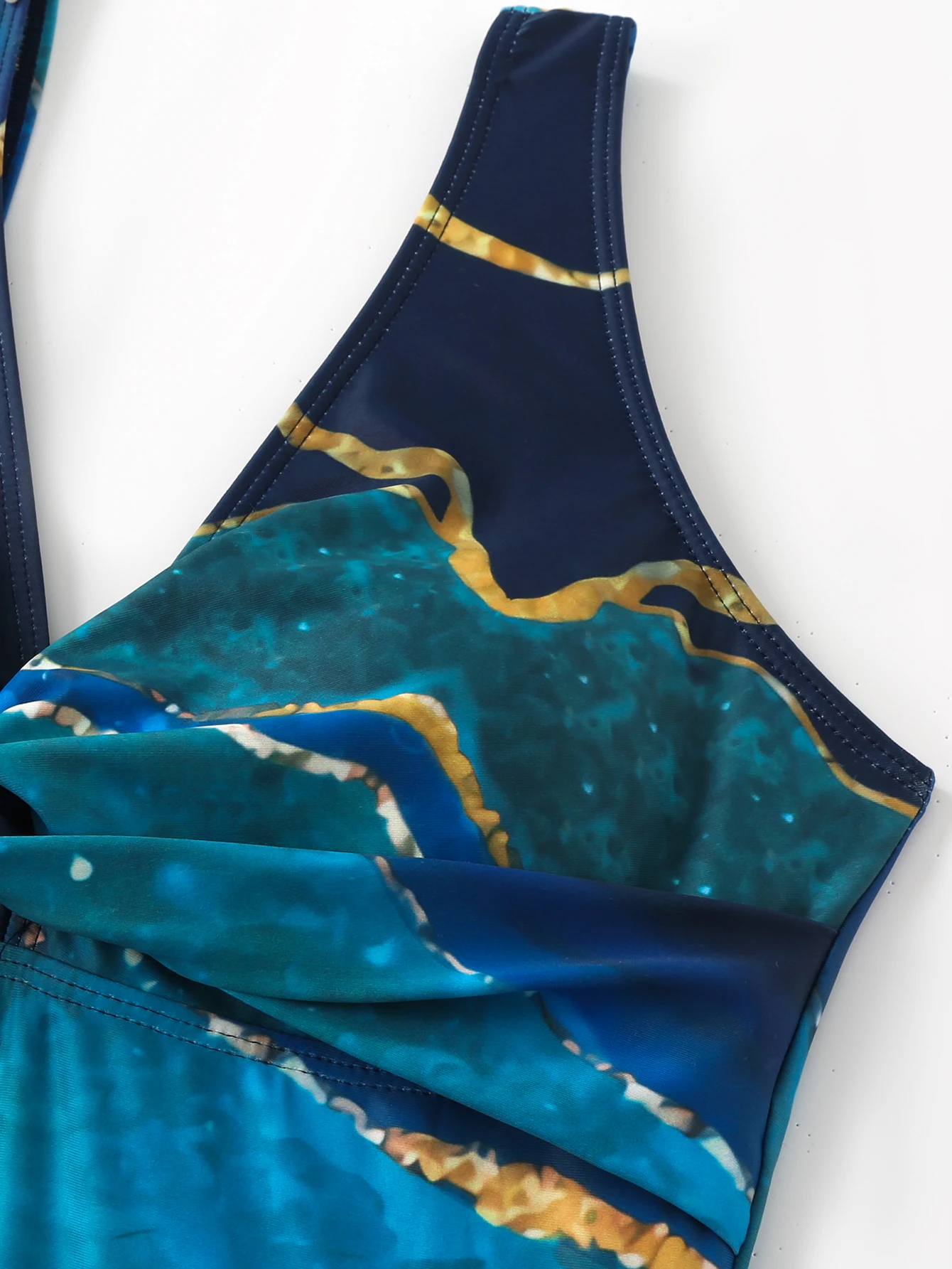 Women's One-Piece Swimsuit Two-Piece Set, Beach Vacation, Hot-Selling Blue Marble Pattern, with Mesh Skirt view 4