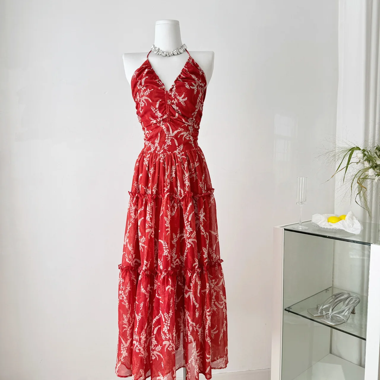 

Vintage Print Floral Beach Long Dress Women Summer Sleeveless Off The Shoulder Red Dress Sexy Evening Party Birthday Dresses