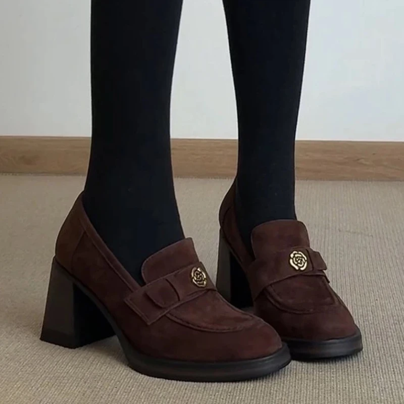 

Flower High Heels Loafers Shoes Women's Elegant Chunky Shoes 2026 Spring Pumps Dress Shoes for Woman Fashion Retro Mujer Zapatos