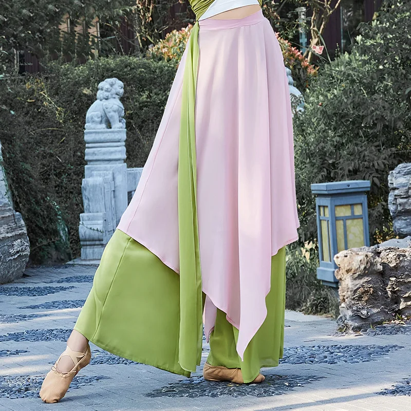 

Chinese Folk Dance Classical Dancing Pants Women Loose Wide Leg Trouser 2 Layers Fairy Body Rhyme Dancewear Side Split Plus Size