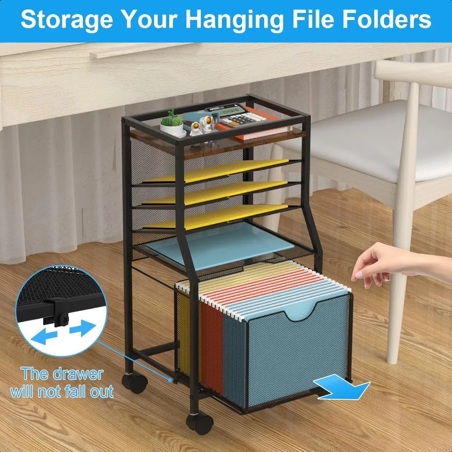 Тележка для файлов на колесиках, 6-уровневый настольный органайзер для файлов на запираемых колесах, коричневые деревянные доски, сетчатая раздвижная подвесная папка, ящик Organizatio