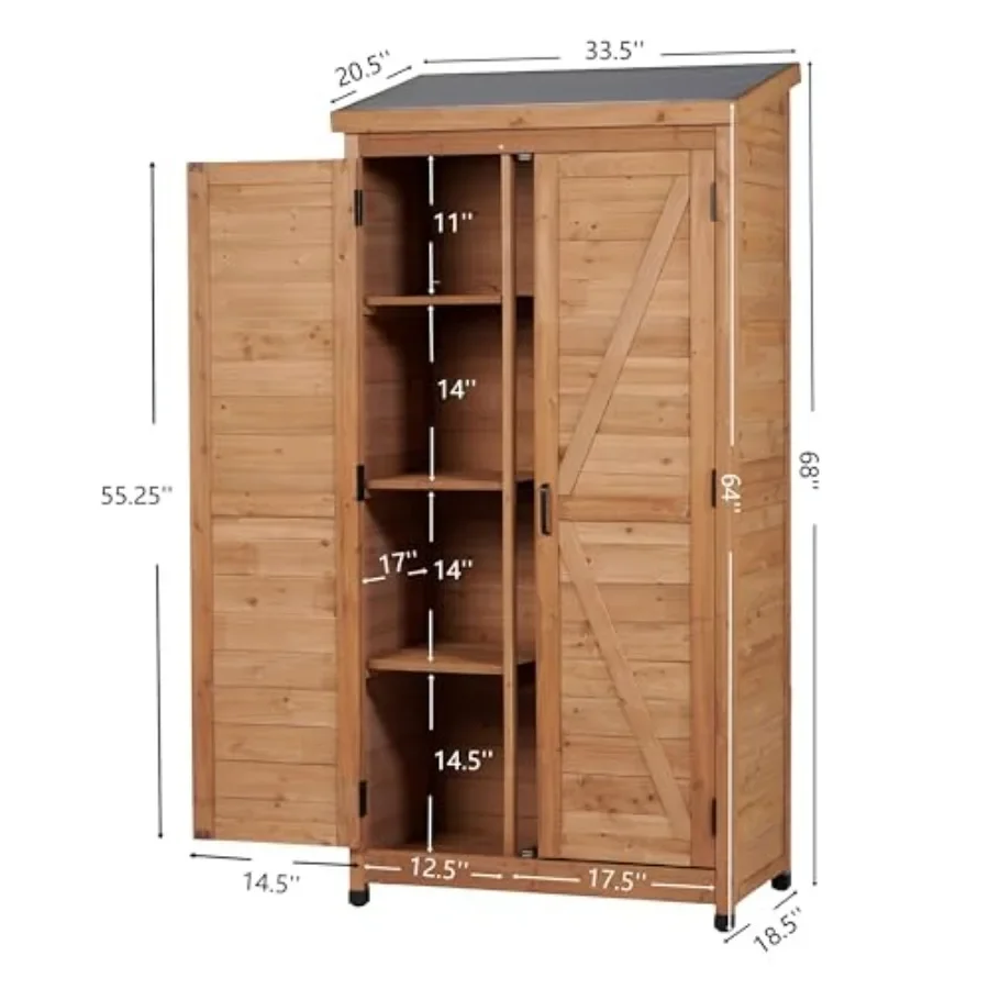Outdoor Wooden Storage Shed Vertical Garden Tool Cabinet: Natural Wood, Gray Finish, Weather-Resistant Space-Saving Design