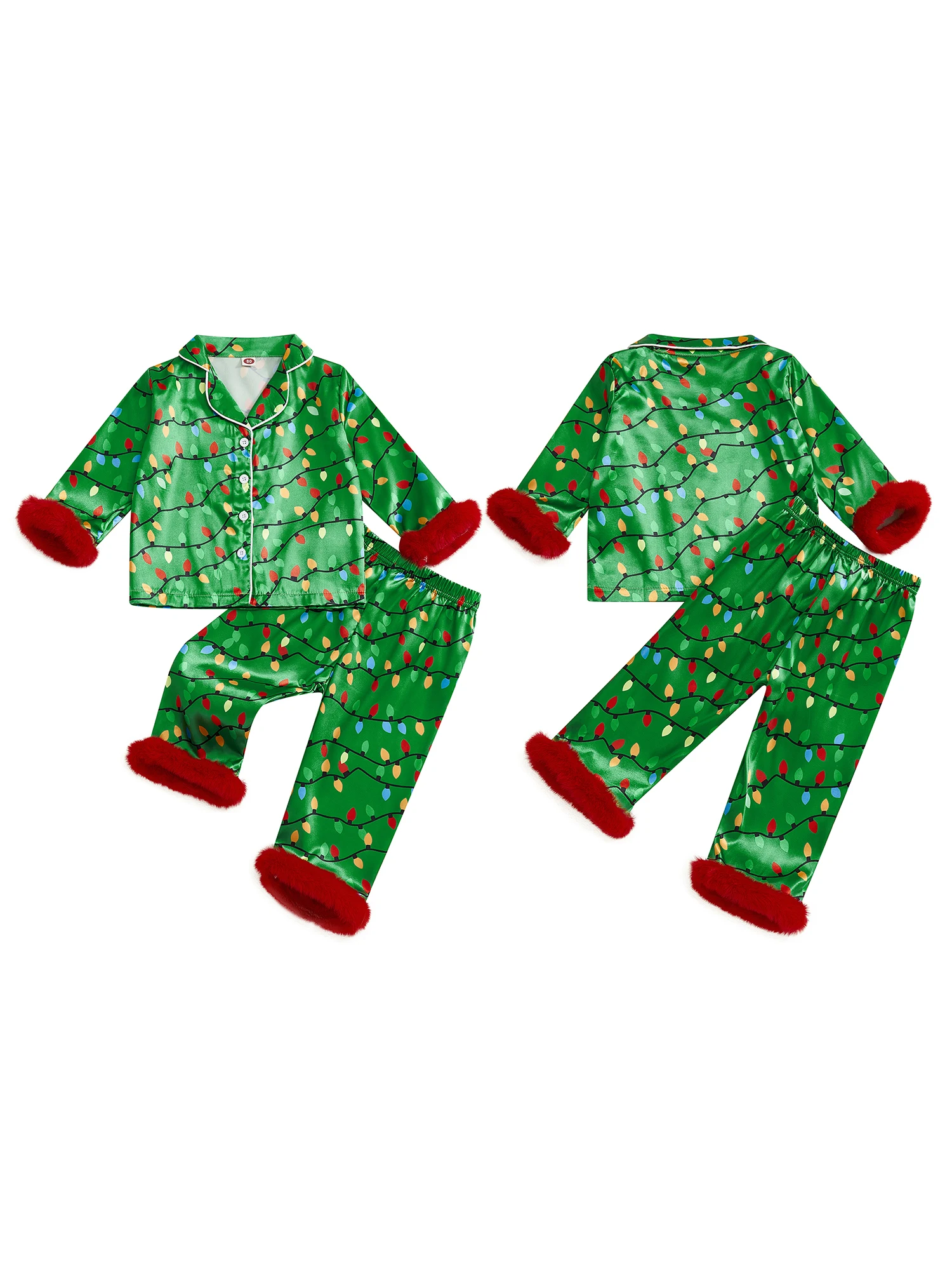 مجموعة بيجامة من الساتان لعيد الميلاد للأطفال تتميز بطباعة سلسلة إضاءة احتفالية وأكمام طويلة وأزرار سفلية مع مطابقة #4