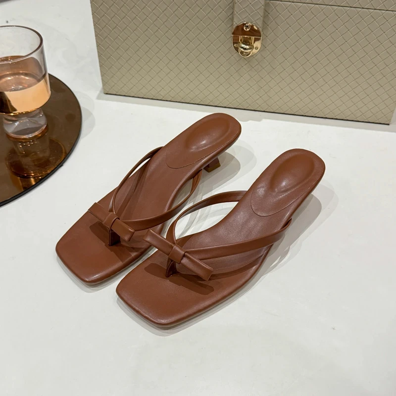 

Pop 2025 Summer Women Butterfly-knot Clip Toe Flip Flop Fashion Dress Slide Shoes Ladies Concise Low Heel Slippers