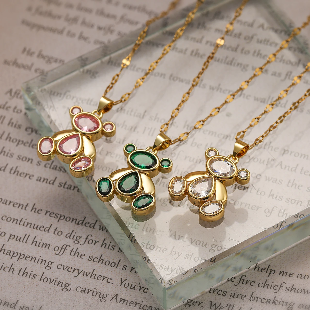 NEWBUY 2024 Hot Sale Gold Color Stainless Steel Chain Necklaces Delicate Bear Pendants CZ Inlay Female Party Jewelry
