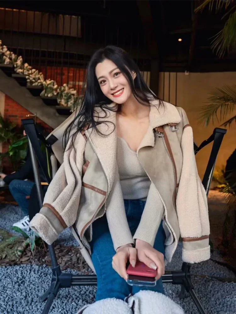 

HH Woman Winter Fashion Long Sleeves Lapel Pocket Splicing Decoration Diagonal Zipper Jacket Female Street Style Casual Coat