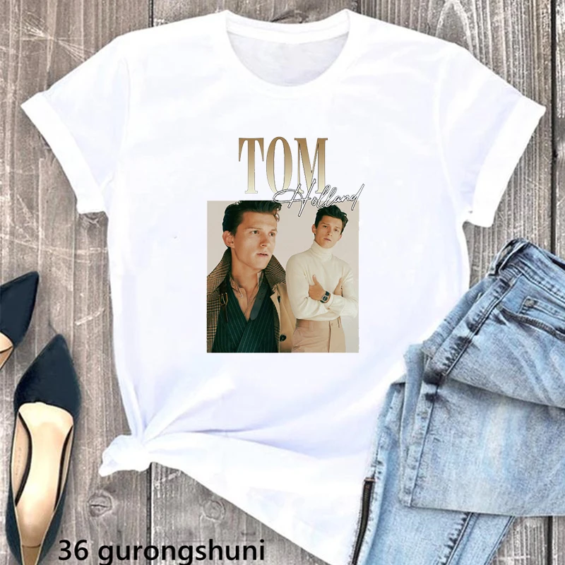 Fashion Tom Holland Grapphic Print Tshirts Women White Funny T Shirt Female Harajuku Shirt Summer Fashion Tops Tee Shirt Femme