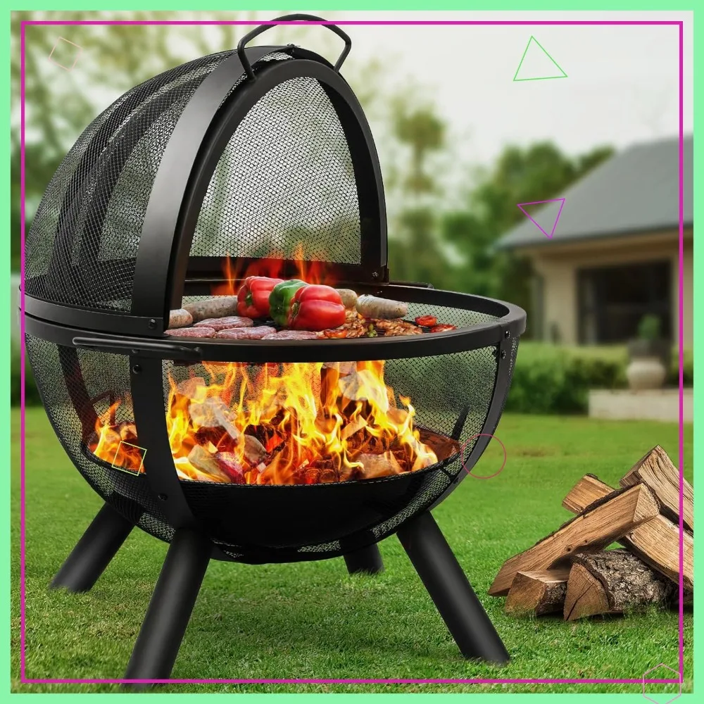 

Большой уличный очаг с грилем для барбекю, круглый огневой глобус 35 дюймов для кемпинга и обогрева патио, черный
