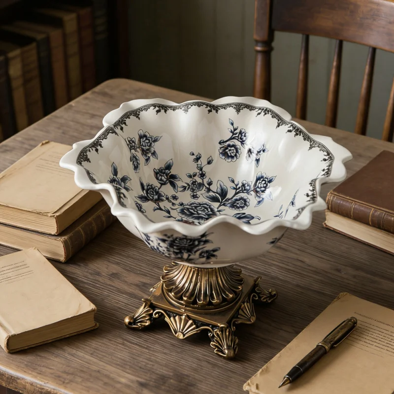 European-style vintage ceramic fruit plate, high-footed bowl for villa living room, American-style dry fruit plate, decorative o