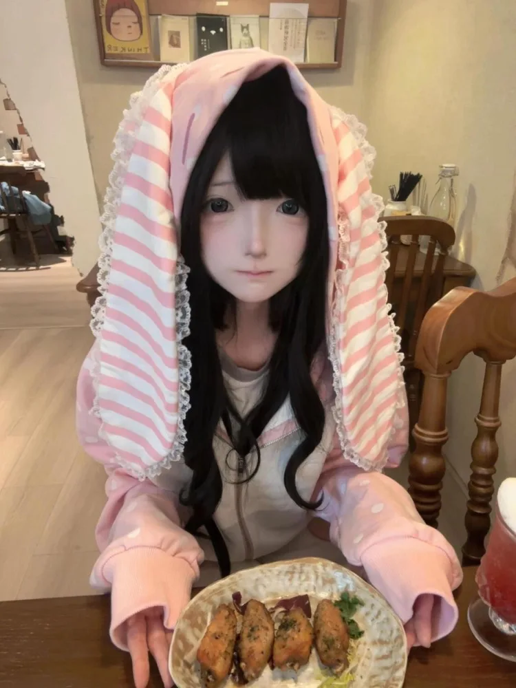 Sudadera con capucha japonesa con estampado de conejito rosa Kawaii para mujer, jersey de lunares con orejas grandes a la moda, chaqueta, abrigo nuevo