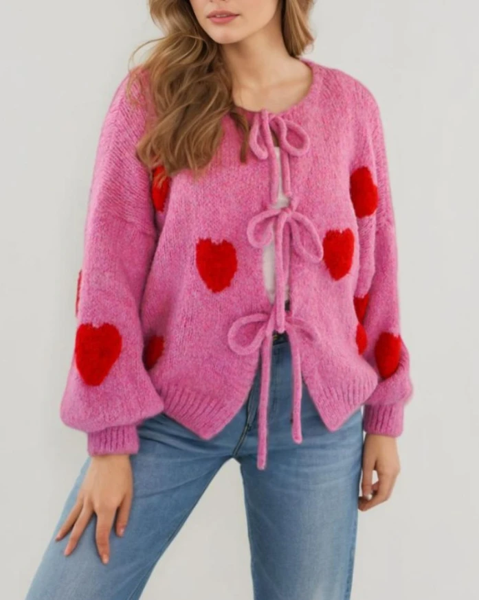 

Women Sweater Cardigan Heart Pattern Print Long Sleeve Round Neck Tied Detail Cardigan 2025 Spring Winter Daily Casual Top