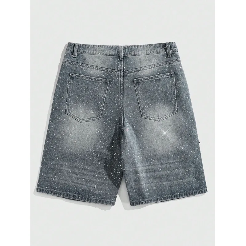 ANJY Spring Summer New Women Trend Fashion Heavy Diamonds Pearl Design Denim Shorts Stylish Loose Washed Distressed Jeans A25404