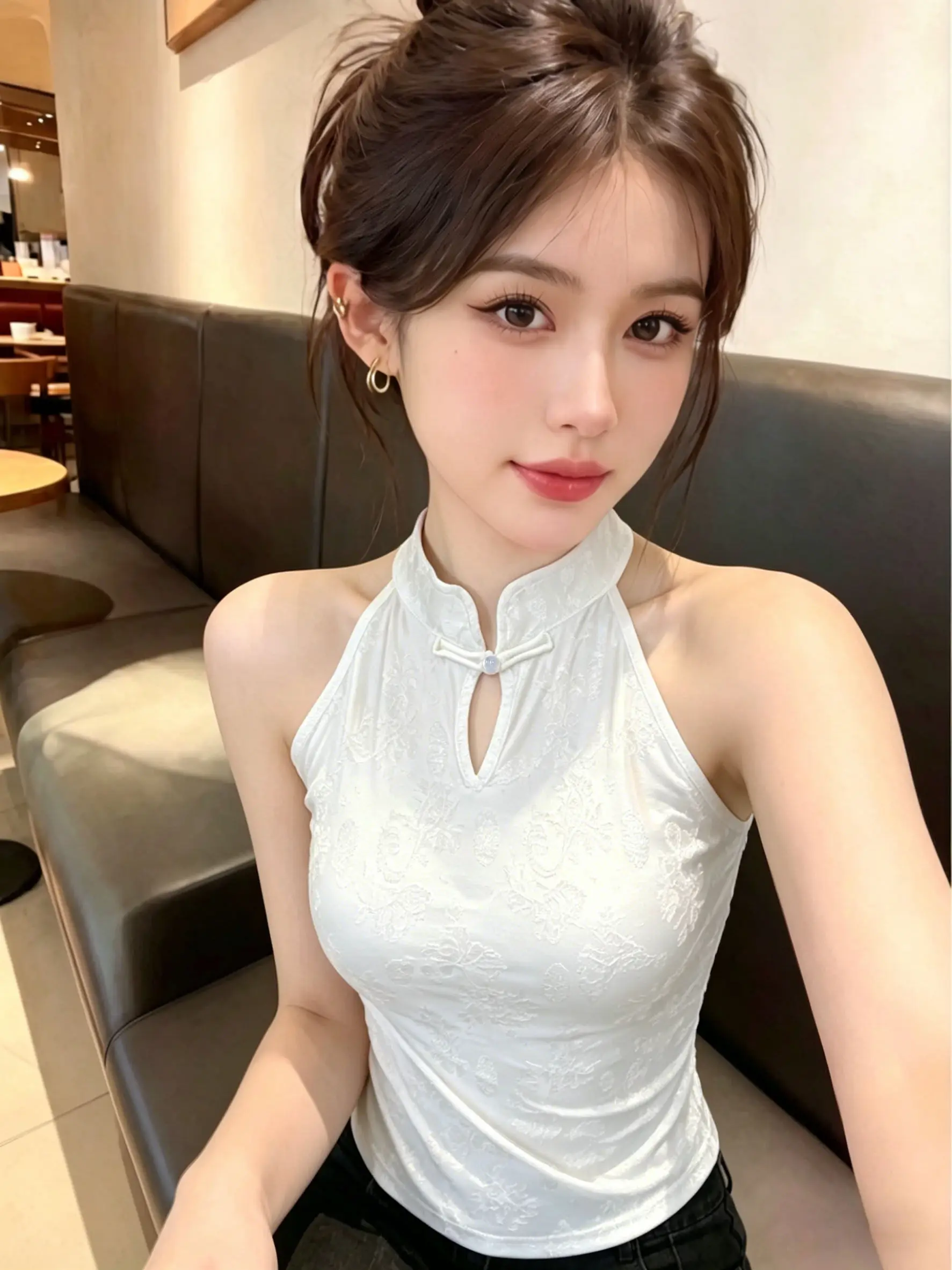 New Chinese Style Retro Neck Hanging Strap Top Women's Vest with Chest Pad Button Back Small Shirt Breathable Polyester Fiber