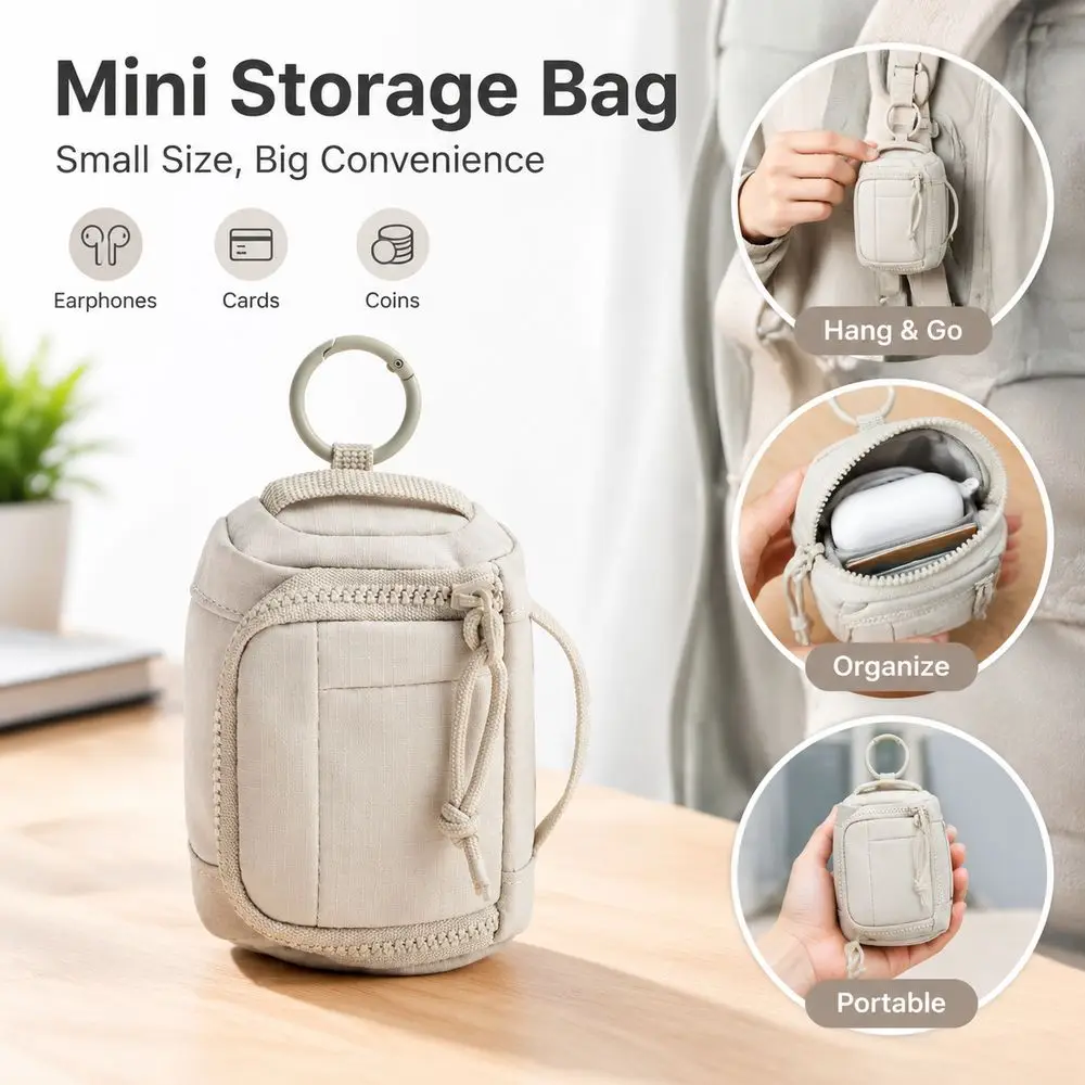 Zipper Closure Coin Purse Pouch Front Pocket Beige Card Holder Nylon Fabric Compact Size Mini Storage Bag for Women and Girls