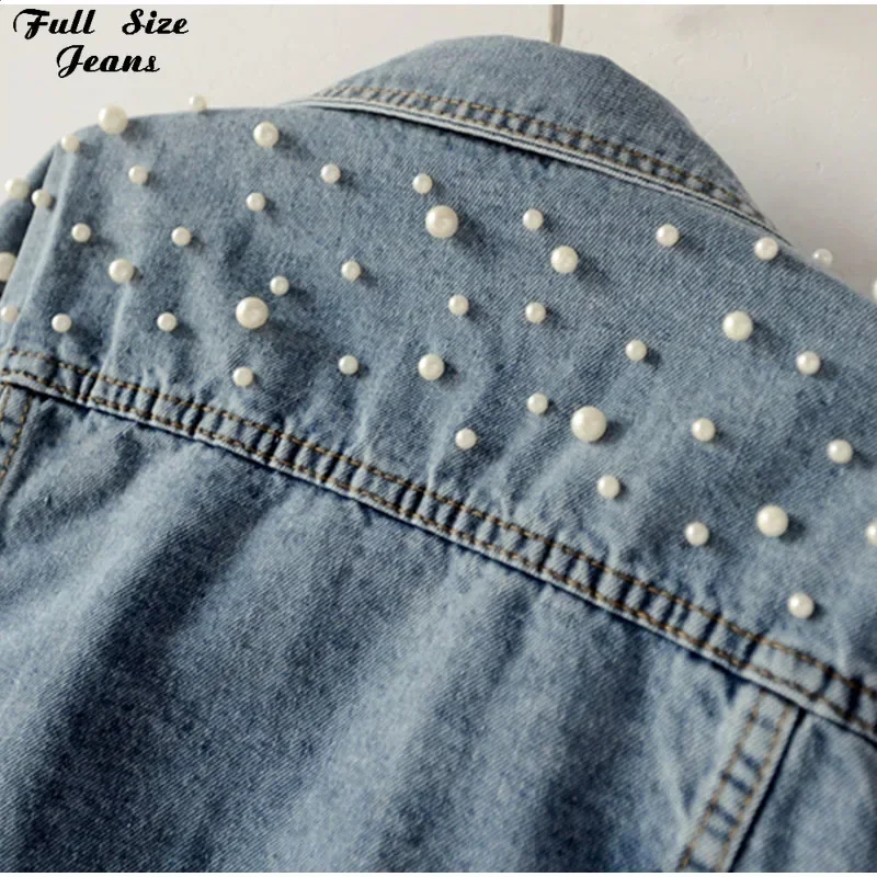 Designer Pearl Beading Black Short Jean Jackets Korean Chi Street Jeans Jacket Chi Cotton Collar Blue White Cropped Denim Coat