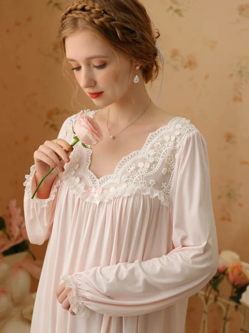 Frauen Prinzessin Nachthemd Frühling Langarm Modal Baumwolle Gericht Retro Prinzessin Nachtwäsche Sexy Fee Kleid Süße Nachthemden