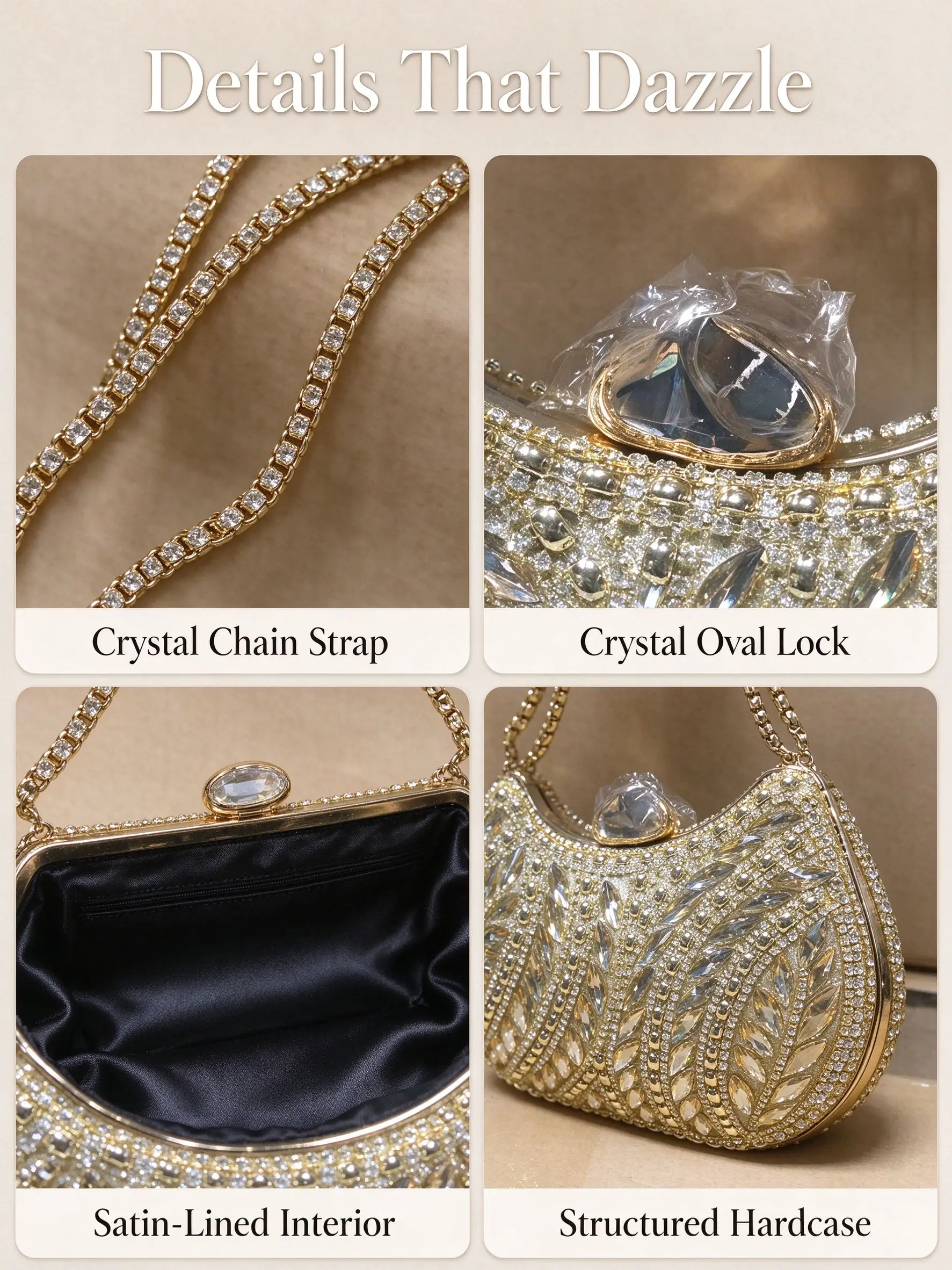 Bolso de mano con pedrería dorada para mujer, diseño de abanico, estuche rígido, bolso de noche con cristales, cadena, ideal para bodas, galas y fiestas, regalo.