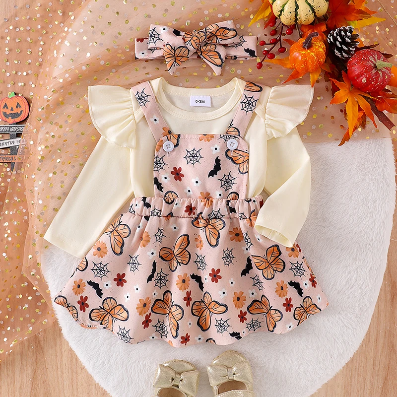 

Baby Girls Halloween Outfits Long Sleeve Romper with Cartoon Print Suspender Skirt Headband Set Newborn Clothes