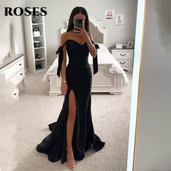 ROSES Black Mermaid Evening Gown Off the Shoulder Stain Elegant Prom Dresses Side Split Wedding Evening Dress robes de soirée