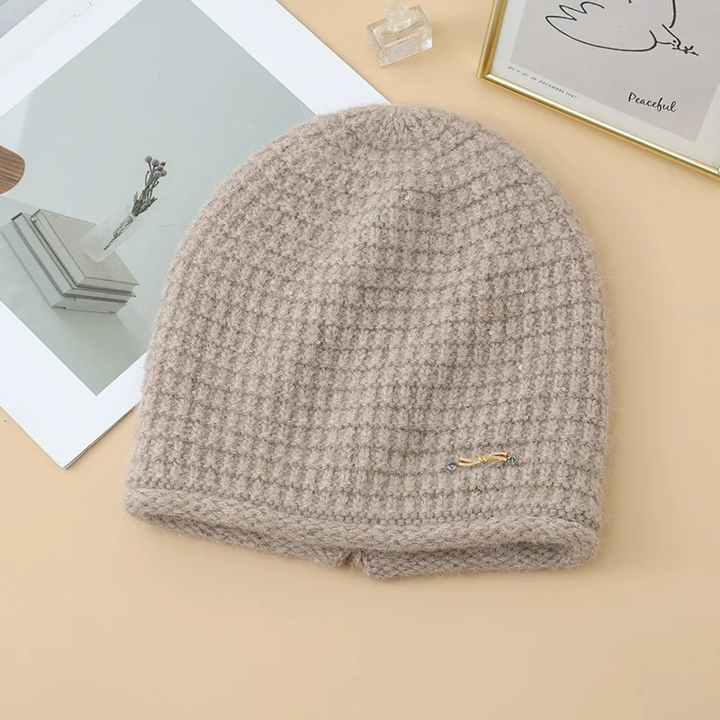 New autumn and winter women's hat, sequined rabbit fur knitted hat, outdoor warm pullover hat, double-layer stacked hat