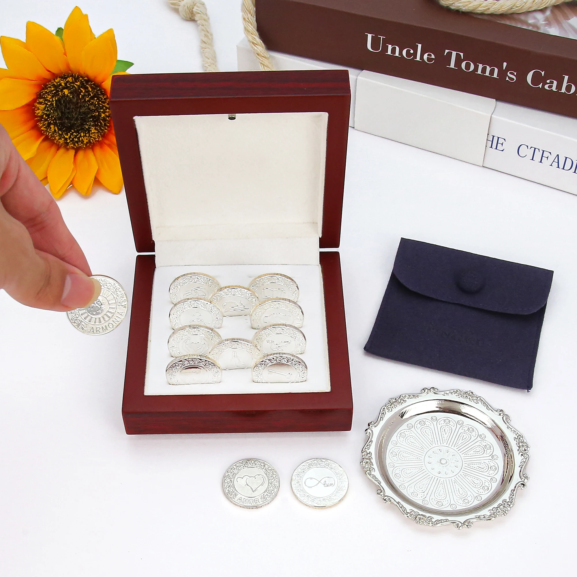 Spanish Wedding Arras Coins Set with Luxury LED Wooden Box for Hispanic Catholic Wedding Ceremony