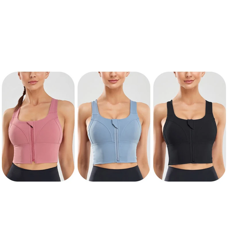 Sujetador deportivo resistente a los golpes para mujer, tirantes anchos, cremallera, correr, yoga, reunión, espalda bonita, ropa de gimnasio, talla grande, nuevo