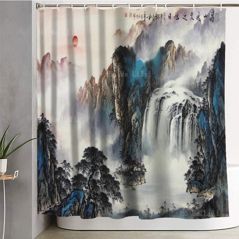 Famous Chinese Landscape Sunrise Waterfall Ancient Ink Painting Scenery Drawing Shower Curtain By Ho Me Lili