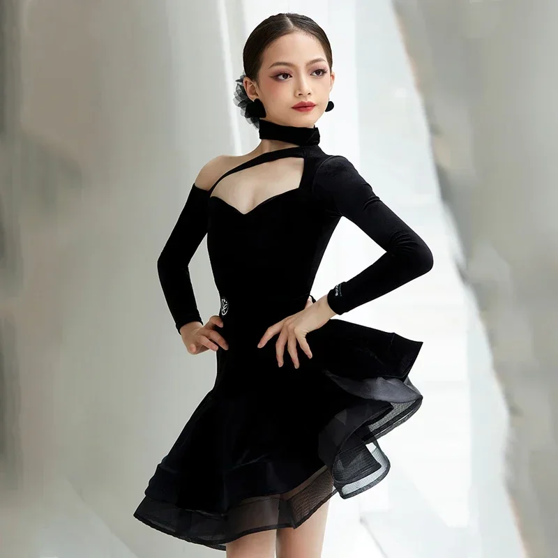 

Fashion Latin Dance Dress for Grils Black Professional Costume Samba Rumba Child Ballroom Dance Competition Clothing 2025 New