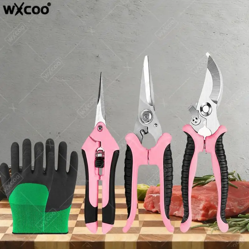 3PCS Pink Stainless Steel Gardening Scissor Precision Bypass Pruning Shears Set with Soft Grip Handle Flowers Gardening Scissor