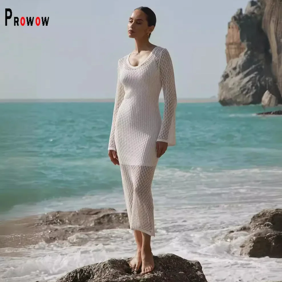 Prowow Sexy Slip Dress + Cover-ups Two Piece Women Beach Wear Suits Sexy Crochet Knitted Summer White Color Female Clothing Set